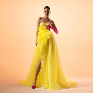 Yellow Prom Dress Women A Line Sweetheart Tulle Evening Gowns Sleeveless Formal Dresses For Prom PartyTiered Ruffled Customized
