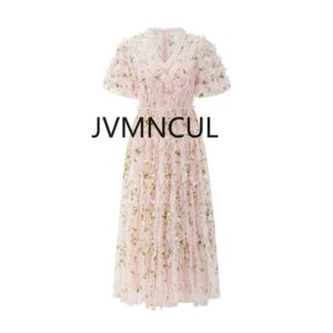 2025 New Arrivals Sweet and Fresh Short Sleeve Dress with 3D Embroidered Plant Flowers, Perfect for Parties and Events