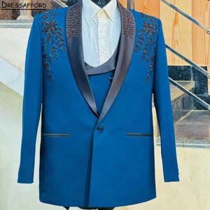 Blue Men Business Appliques Lace Formal Occasion Tuxedos Grooms Wedding Party Prom Male Suit 2 Piece Set Blazer Pants