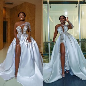 Satin Appliques Mermaid Wedding Dress One Shoulder Long Sleeve Bride Dresses High Split Bridal Gowns