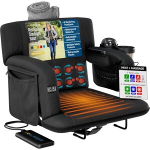 Alpcour Heated Massage Reclining Stadium Seat for Bleachers –Wide Bleacher Chair with Back Support and Cushion, Armrests,21″Wide
