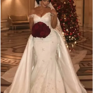 2025 Off-the-Shoulder Mermaid Wedding Dress Overskirt Lace Bridal Gown