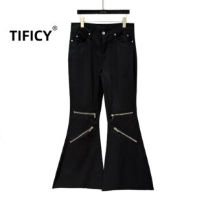 High Street Cotton Dark Ro Pant Men’s Retro Design Vintage Zipper Niche Splicing Casual Flared Pants Men Clothing Men Y2k