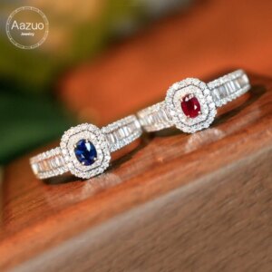Aazuo 18K Solid White Gold Natrual Ruby Blue Sapphire Real Diamond Oval Ring Gifted For Woman Wedding Day Deluxe Banquet Party