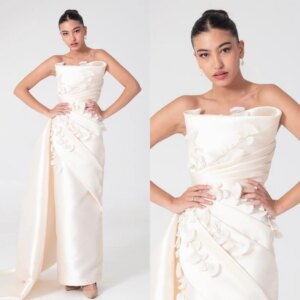 Customized Exquisite Strapless A-line Beading Sequined Pleat Ankle-Length Satin Bespoke Occasion Dresses Evening