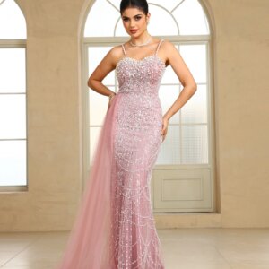 Elegant Pearls Mermaid Prom Dresses With Side Train Sexy Spaghetti Straps Evening Dress For Wedding Arabic Party Gowns