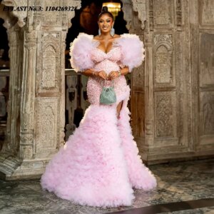 EVLAST Customized Sexy African Pink Mermaid Evening Dress Sequins High Slit Chic Aso Ebi African Birthday Party Gown E3P10