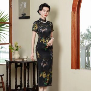 High Quality Chinese Women’s High-End Black Bamboo New Real Silk Cheongsam Qipao Temperament Long Daily Improvement