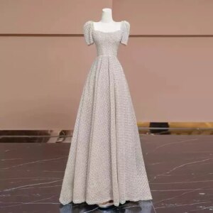 Unique Evening Dress 2025 Long Prom Dresses Scoop Short Sleeves Lace-up Back Party Dresses