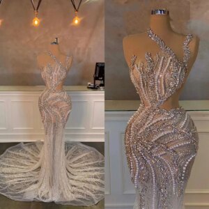 Sexy Sparkly Mermaid Evening Dresses One  Shoulder Sleeveless Pearls Sequins Beaded Appliques Prom Dresses Customized