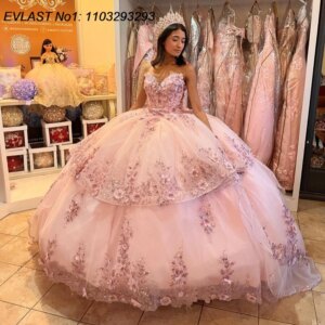 EVLAST Customized Glitter Pink Quinceanera Dress Ball Gown 3D Floral Applique Beading Corset Sweet 16 Vestido De 15 Anos E1Q152