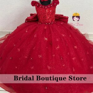 Luxury Red Flower Girls Dress With Big Bow Beading Crystals Ball Gown Flowers Butterfly Applique Birthday Party Gown Customized
