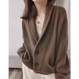 Lazy style pure cashmere cardigan women’s knitted V-neck sweater coat 2024 autumn and winter new model slim and soft
