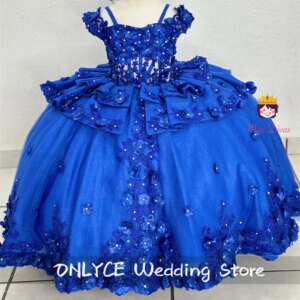 Luxury Royal Blue Floral Girl Dress Corset Floral Applique Crystal Pageant Wedding Dress First Communion Gown Customized