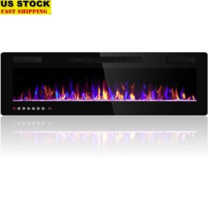 60 Inch Electric Fireplace Heater Wall Mounted Recessed Timer Remote Control Adjustable LED Flame Heat Output ETL Certified