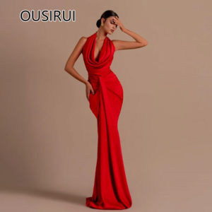 Simple Halter Satin Pleated Formal Evening Party Dress Sheath Sexy Backless Split Evening Prom Gown Sleeveless Custom Made