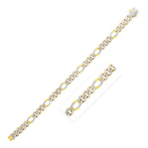 14k Yellow Gold White Pave High Polish Modern Lite Figaro Bracelet 8.0mm