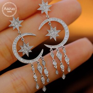 Aazuo 18K White Gold Real Natrual Diamond 0.75ct Moon Star Drop Chain Stud Earring Gifted For Women Advanced Wedding Party Au750