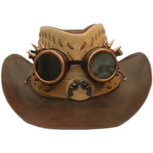 Gothic style riveted steam goggles for men and women high quality leather large eaves hat sunshade cowboy