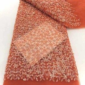 Latest Nigerian Lace Fabrics Fashion Women African Tulle Lace Luxury Handmade Beaded Sequins Fabrics For Wedding 5 Yards