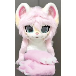 Pink Fursuit Long Fur Husky Fox Mascot Head Party Halloween Fur Cosplay-Promotion