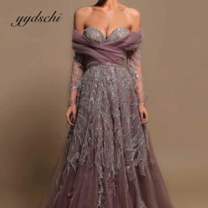 Exquisite Sexy Prom Dress Beading Party Elegant Sparkly Crystal Sequine Evening Off the Shoulder Long Sleeve Dresses for Women