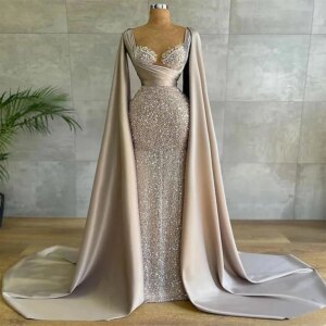 Sequined Evening Dresses Cape Ruched Arabic Glitter Lace Appliques Sweetheart Prom Gown Formal Party Red Carpet Dressفساتين سهرة