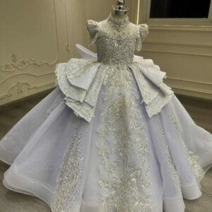 Children’s Purple Short Sleeve Formal Dress Flower Girl Skirt Little Hostess Outfit Kids Festival Celebration Apparel