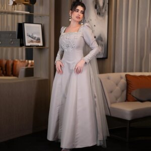 Customized A-Line Prom Dresses Ankle-Length Square Collar Full Sleeve Evening Gown Fashion Beading Crystal Draped Party Gown
