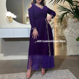 Customized Dubai Luxury Evening Dress A-Line V-Neck Elegant Dresses For Women Floor-Length Long Sleeves Zipper Up Vestidos De Fe