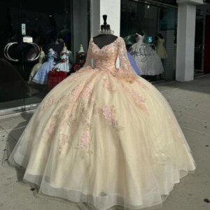 Mexico Champagne Sexy V-Neck Ball Gown Quinceanera Dress For Girl Applique Lace Beaded Birthday Party Gowns Prom Dresses Sweet
