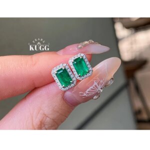 KUGG 100% 18K White Gold Earrings Luxury Elegant Design Shiny Diamond Natural Emerald Stud Earrings for Women Wedding Jewelry