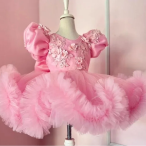 Pink Princess Mini Flower Girl Dress Exquisite Fairy Puffy Sleeve 3D Flower Embroidered Lace Tutu Customised vestidos de festa