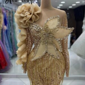 Aso Ebi Gold 3D Lace Long Sleeve Evening Dress Golden Tassel Mermaid Wedding Party Gowns Engagement Prom Dress Customized