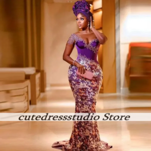 African Customized Dark Purple Evening Dress Sheer Short Sleeves Appliques Beads Prom Dress Aso Ebi Party Gowns Women Customized
