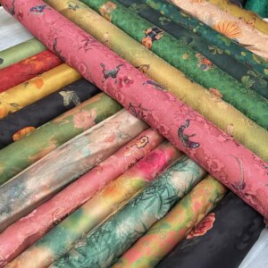 Real Silk Jacquard Gambiered Guangdong Cloth Chinese Style Cheongsam Antique Shirt Short Sleeve Dress Pants Fabric