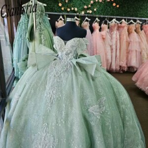 Mint Green Off The Shoulder Ruffles Quinceanera Dresses Ball Gown Appliques Lace Beading Sweet 15 Años Mexican Customized