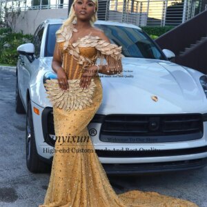 Luxury Leaf Ornaments Prom Dresses Glitter Mermaid Wedding Party Gowns Customized Tassel Diamond vestidos largos fiesta