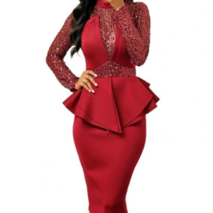 Casual Dresses Sequin Satin Ruffle Formal Dress Women Elegant Long Sleeve Waist Tight Party Workwear