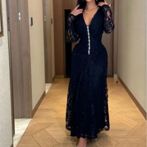 Customized A-line V-neck Lace Appliques Prom Gowns Ankle-Length Crystal Long Sleeve Evening Dresses Pleat Party Dresses
