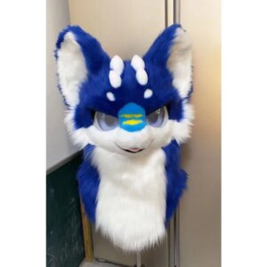 Blue White Furuit Long-haired Cat and Fox Mascot Head Party Halloween Fur Role Play