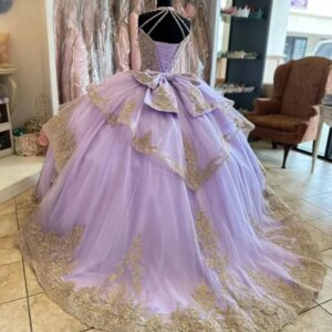 Customized Lilac Quinceanera Dresses Halter Gold Appliques Beads Sweet 16 14 Girl Birthday Party Prom Wear Vestidos De 15 Años