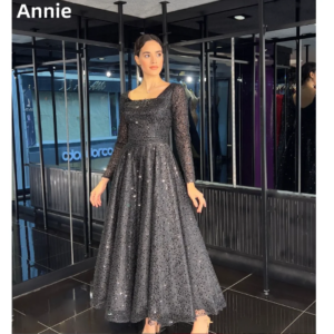 Annie Sweet Black Wedding Dress Glitter Sequined Tulle Luxury Prom Dresses A-Shape Long Sleeve Elegant Lady فساتين سهرة