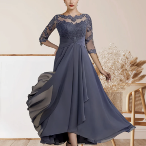 LinasBridal Mother of the Bride Dress Elegant High Low Jewel Neck Tea Length Chiffon Lace Half Sleeve with Ruched Appliques 2024