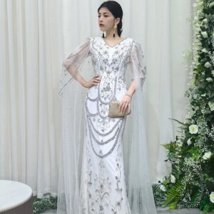 Luxury Mermaid Gown For Women Plus Size Hand Beaded Evening Dress With Floating Sleeves For Formal Occasions YM20