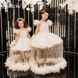 Customized Child 2-14 Years Flower Girls Dress Princess For Kid Feather Child Wedding Party Floor Length Ball Gown Evening