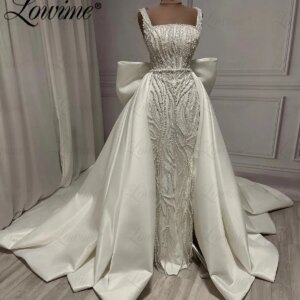Pearl Beaded Bride Party Dress Aso Ebi Dress Customize Ivory Formal Evening Dresses Arabic Dubai With Detachable Train Prom Gown