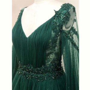 Elegant Green Formal Women Evening Party Dresses Floor Length A-Line V-Neck Sexy Full Sleeves Pretty Banquet Female Prom Gowns