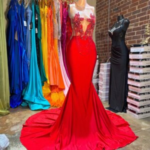 Elegant Red Tassel Prom Dresses Long Mermaid Bead Appliques Formal Dress Black Girls O Neck Beauty Pageant Gowns Customized