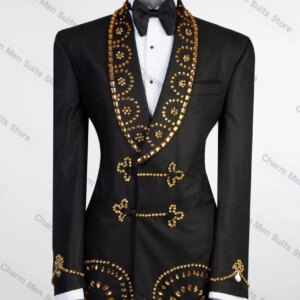 Gold Crystals Men Suit Pants Set 2 Piece Blazer+Trousers Wedding Tuxedos Groom Prom Coat Customized Formal Office Jacket Outfit